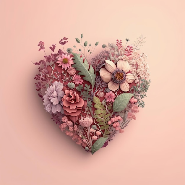 Corazón floral sobre fondo rosa Primavera verano amor naturaleza concepto AI