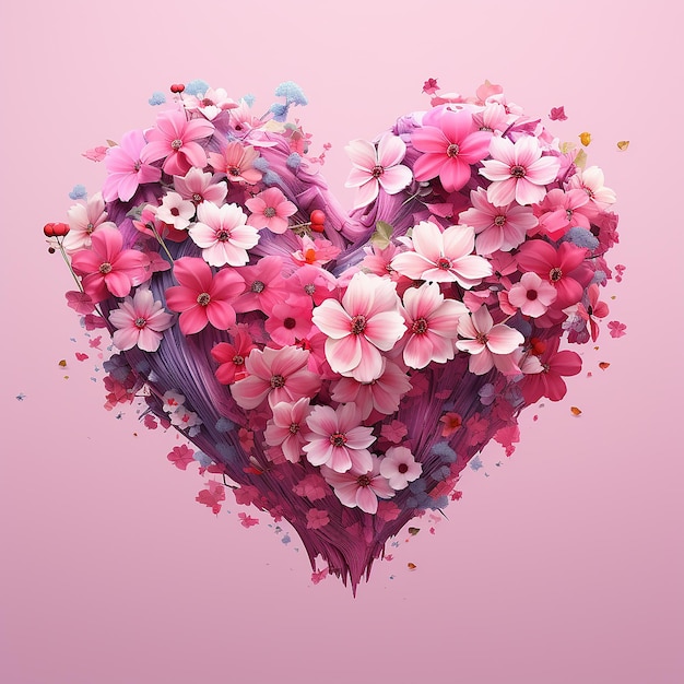 corazón con flores de color rosa pixel art