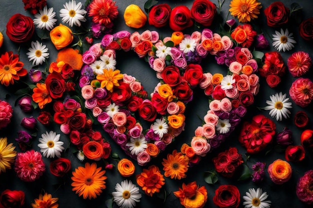 corazón de flores con un corazón que dice amor