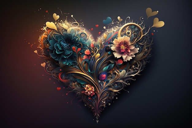 Corazón con flores corazón sobre un fondo negro hermoso corazón arte digital estilo ilustración pintura