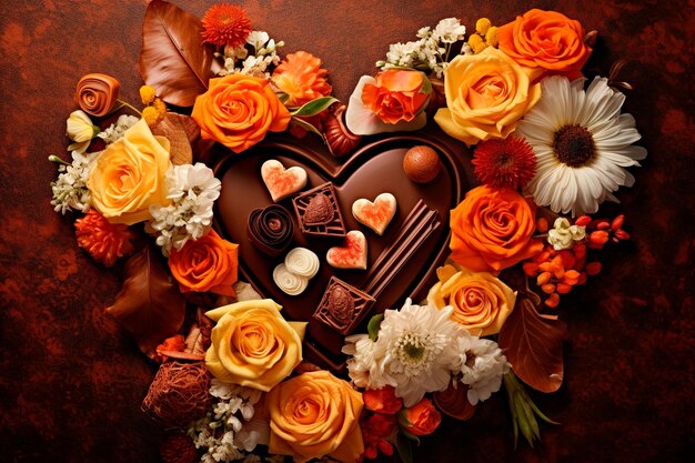 corazón y flores fondo de chocolate