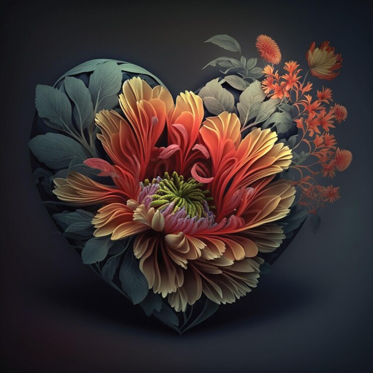 Un corazón con flores y hojas.