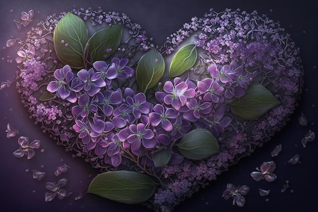 Un corazón con flores moradas y hojas.