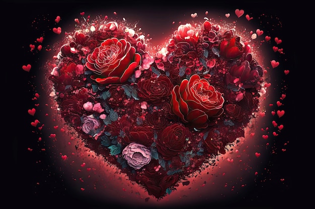 Corazón de flores Regalo del Día de San Valentín en forma de corazón hecho de flores rosas rojas símbolo de amor ilustración 3d