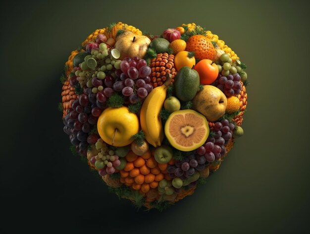 Corazón de frutas y verduras sobre fondo oscuro