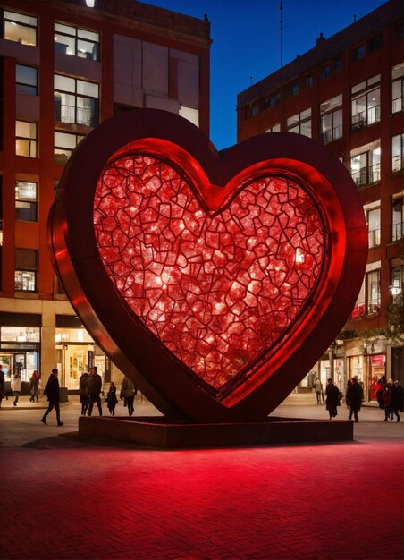 Foto un corazón gigante de hierro con luz roja en el interior justo en el centro de la ciudad con personas que caminan