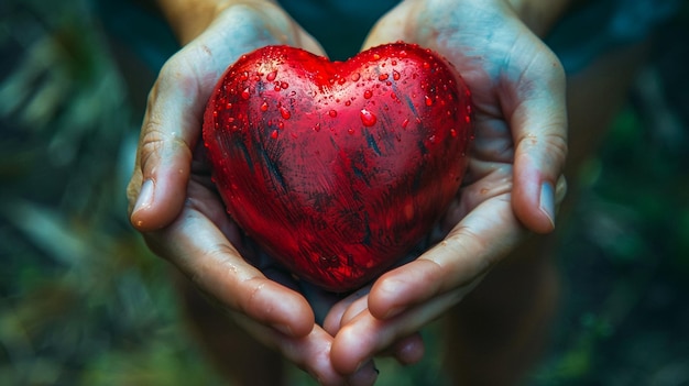 un corazón con gotas de agua en él y una persona que lo sostiene