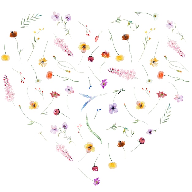 Corazón hecho con acuarela flores silvestres de verano y hojas ilustración de boda colorida