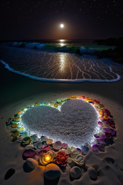 Un corazón hecho de arena en una playa con la luna al fondo