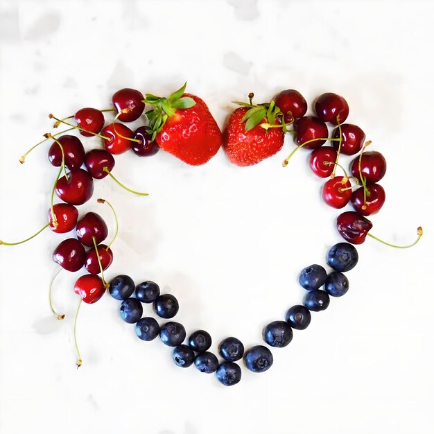 Foto un corazón hecho de cerezas y fresas está dispuesto en forma de corazón.