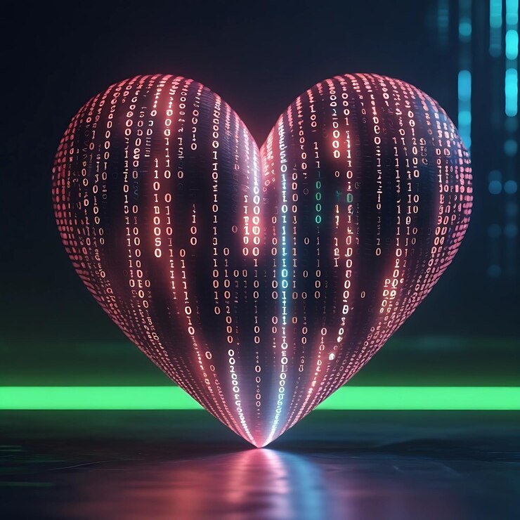 Foto un corazón hecho de código binario que fluye pulsando con una luz suave el fondo es oscuro con pistas