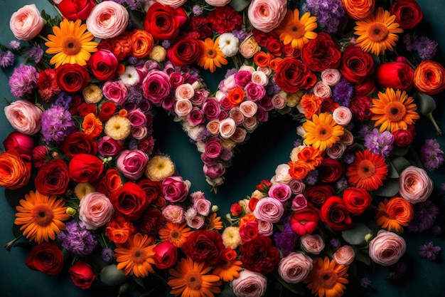 un corazón hecho de flores con un corazón que dice amor