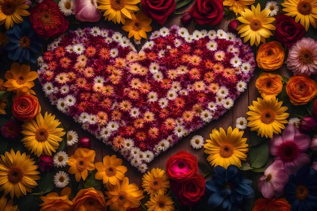 Un corazón hecho de flores con un corazón que dice "amor".