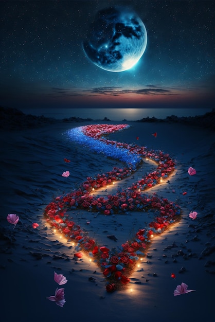 Corazón hecho de flores con luna llena en el fondo ai generativo