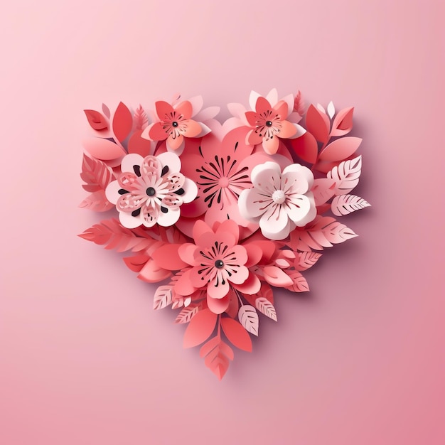 Un corazón hecho de flores de papel sobre una imagen de ai generativa de fondo rosa