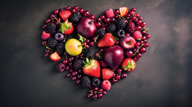 Un corazón hecho de frutas y bayas.