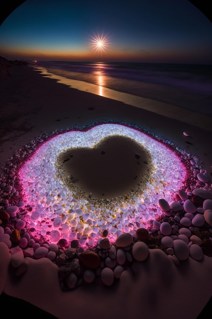 Corazón hecho de guijarros en una playa generativa ai