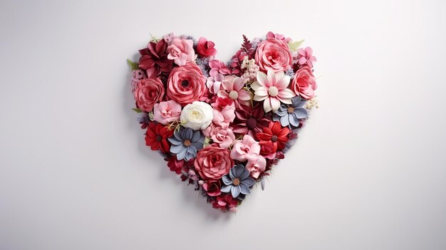 Corazón hecho de hermosas flores sobre un fondo blanco concepto de día de San Valentín IA generativa