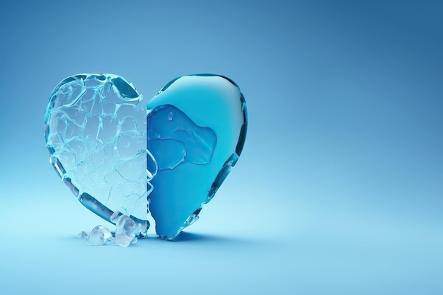 Foto corazón hecho de hielo roto en dos partes fondo azul ia generativa