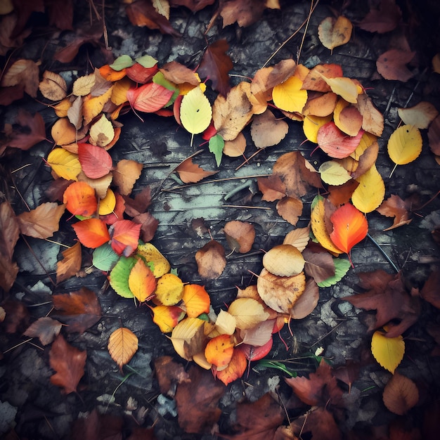 Un corazón hecho de hojas está rodeado de hojas de otoño.