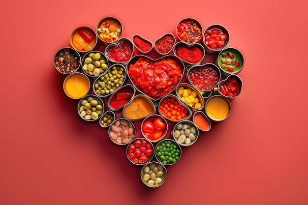 Foto corazón hecho de latas de hojalata llenas de verduras ideal para conceptos ecológicos y sostenibles