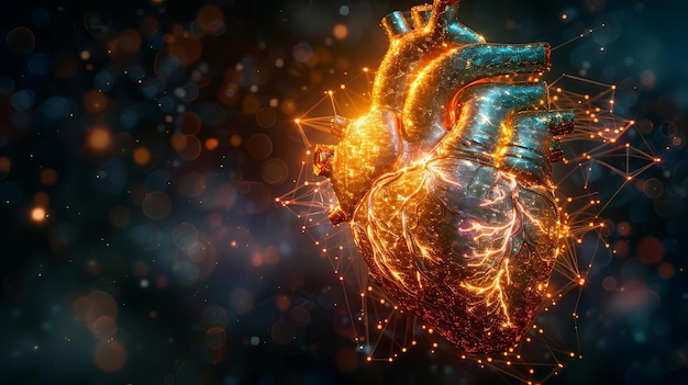 Un corazón hecho de luz y cables El corazón está brillando y rodeado por un fondo borroso