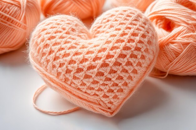 Corazón hecho a mano de punto en color melocotón suave tarjeta del día de San Valentín Signo romántico IA generativa