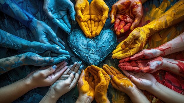 Foto un corazón hecho de manos de diferentes colores que simbolizan la unidad en la salud y el bienestar