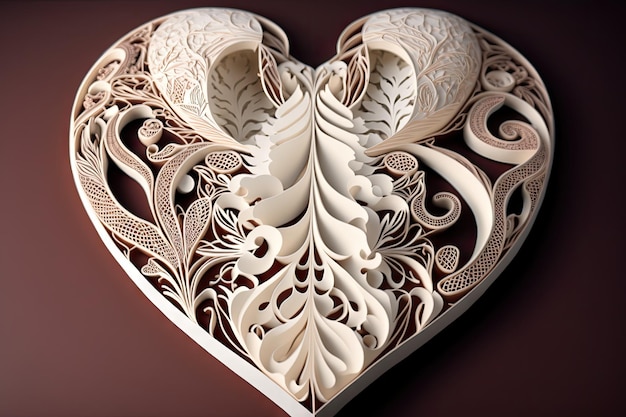 Corazón hecho de papel con intrincados y delicados recortes.