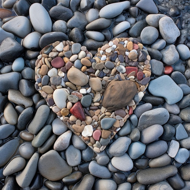 Un corazón hecho de rocas está rodeado de otras rocas.