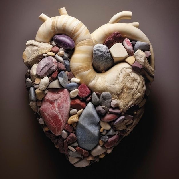 Un corazón hecho de rocas y piedras está sobre un fondo oscuro.