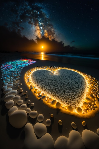 Corazón hecho de rocas en una playa por la noche ai generativo