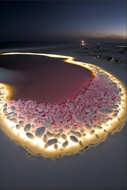 Corazón hecho de rocas en una playa por la noche ai generativo