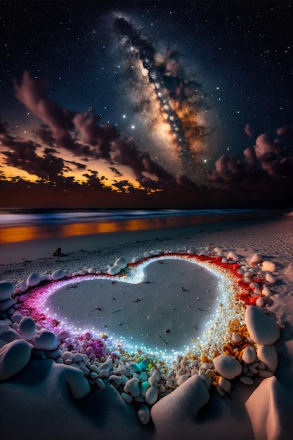 Corazón hecho de rocas en una playa por la noche ai generativo
