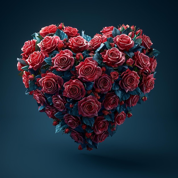 un corazón hecho de rosas rojas con un fondo azul