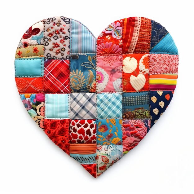 Un corazón hecho con telas patchwork de diferentes estampados