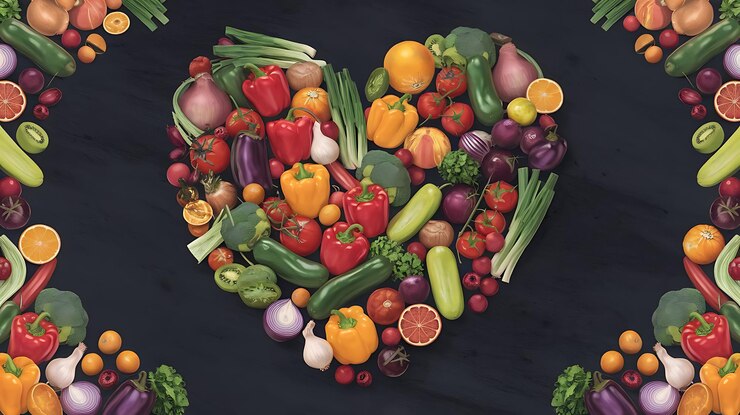 un corazón hecho de verduras, incluido un corazón que dice verduras Celebración del Día Mundial de la Salud