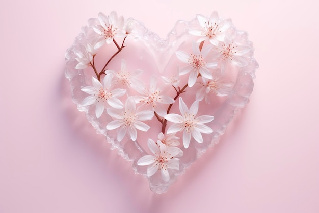 Corazón de hielo hecho de hermosas flores de sakura blancas en fondo rosa vista superior
