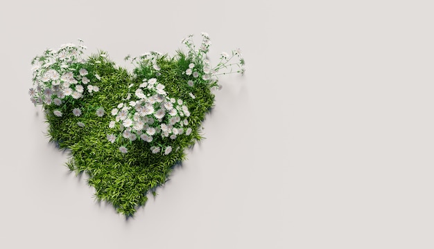 Corazón de hierba con flores blancas sobre fondo blanco. copyspace. Render 3d