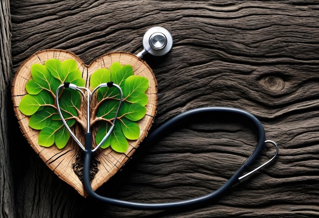 Foto un corazón con una hoja y un estetoscopio en un fondo de tronco