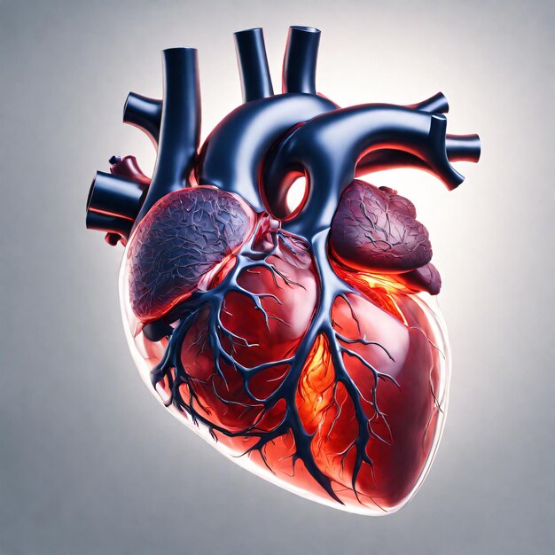 El corazón humano en 3D, órganos internos con vasos sanguíneos, ciencia médica