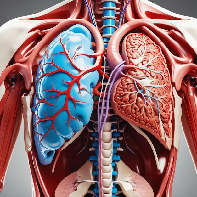 El corazón humano en 3D, órganos internos con vasos sanguíneos, ciencia médica