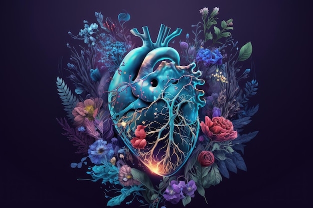 Corazón humano abstracto con flores sobre fondo azul púrpura