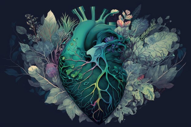 Corazón humano abstracto con flores en tonos verdes azules