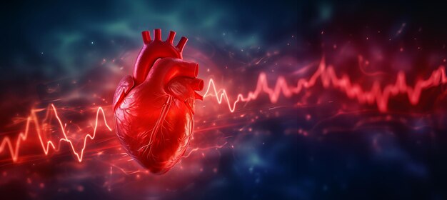 Corazón humano con cardiograma Monitoreo de ECG de emergencia Luz brillante de neón en forma de corazón humano con espacio de copia