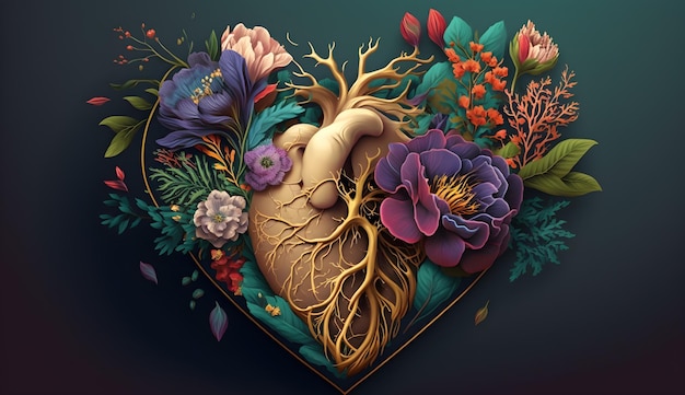 Corazón humano con flores árbol salud mental concepto ilustración generativa ai