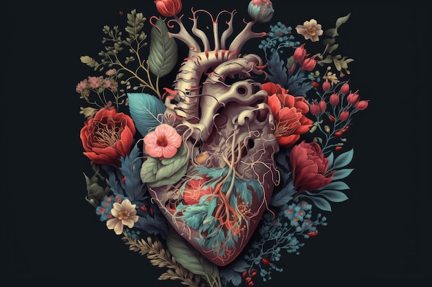Foto corazón humano con flores y corazones rojos en figura.