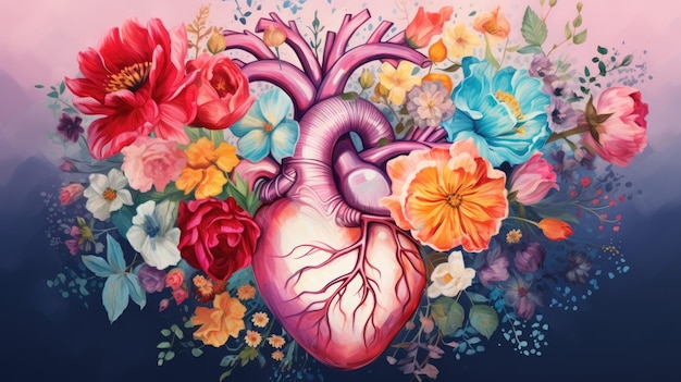 Corazón humano con flores y hojas sobre fondo blanco Ilustración creativa en color Visual para el diseño de médicos