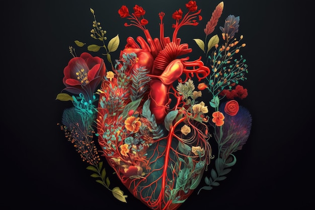 corazón humano, con, flores, rojo, encendido, corazón, enfermedad