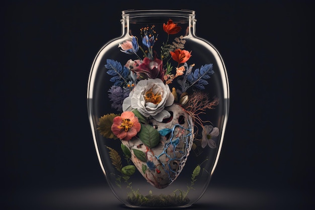 Corazón humano con flores en tarro de cristal sobre fondo oscuro